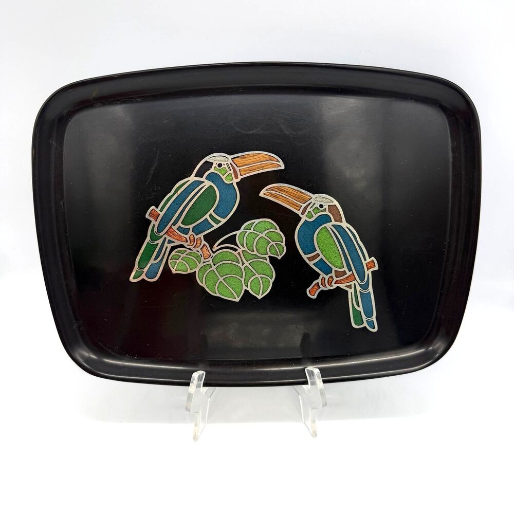 Vintage MCM Mid Century Couroc Toucan Birds Black Tray 12.5" x 9.5" Monterey CA